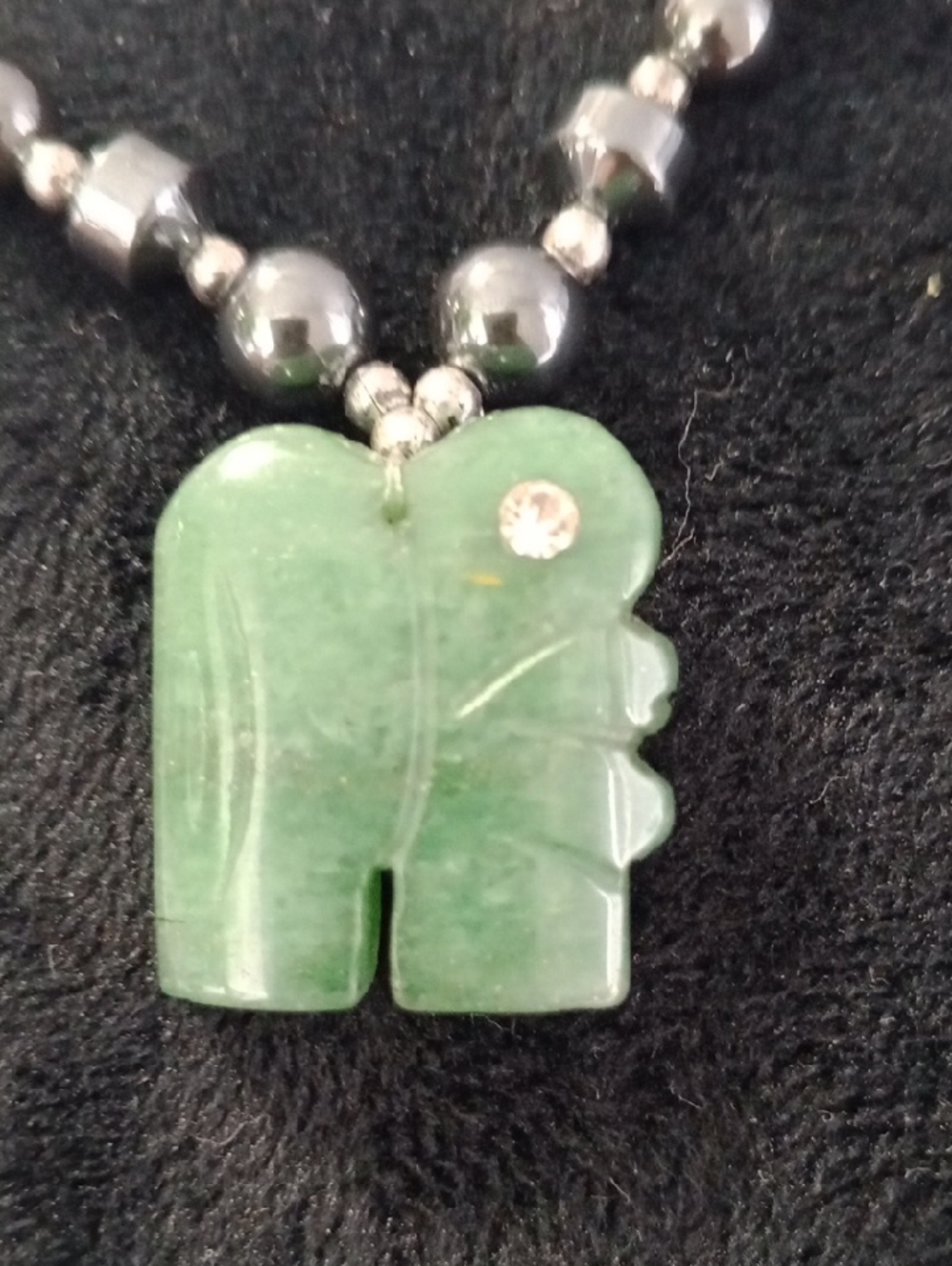 Carved Green Elephant Pendant on Dark Beaded Necklace - Picture 2 of 5